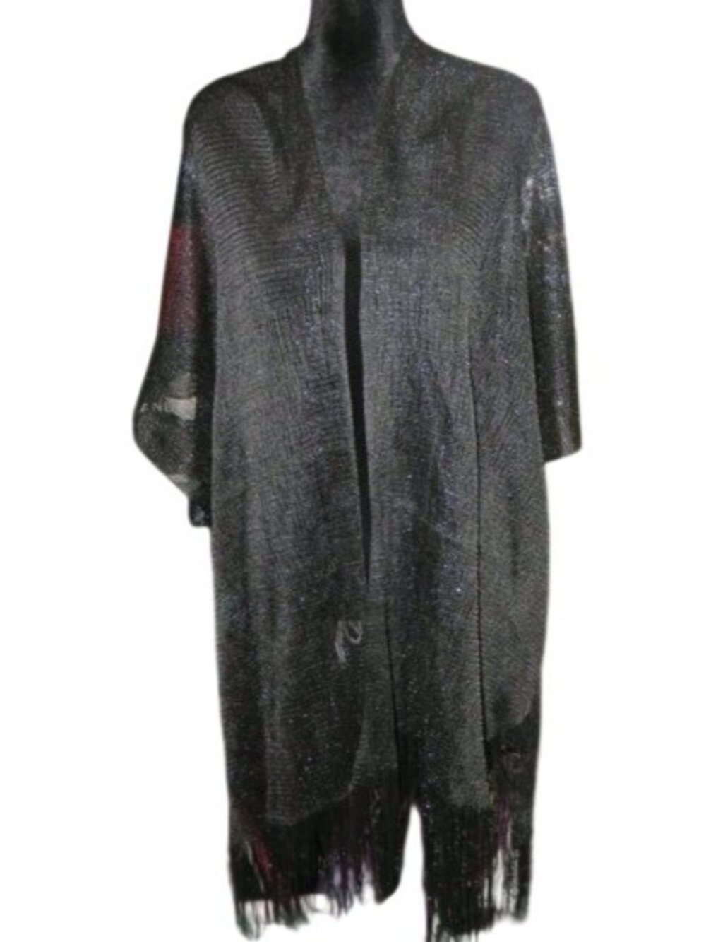 Metallic black sheer High Low Tunic Swim Cover Up Fringed Kimono Shawl OS
